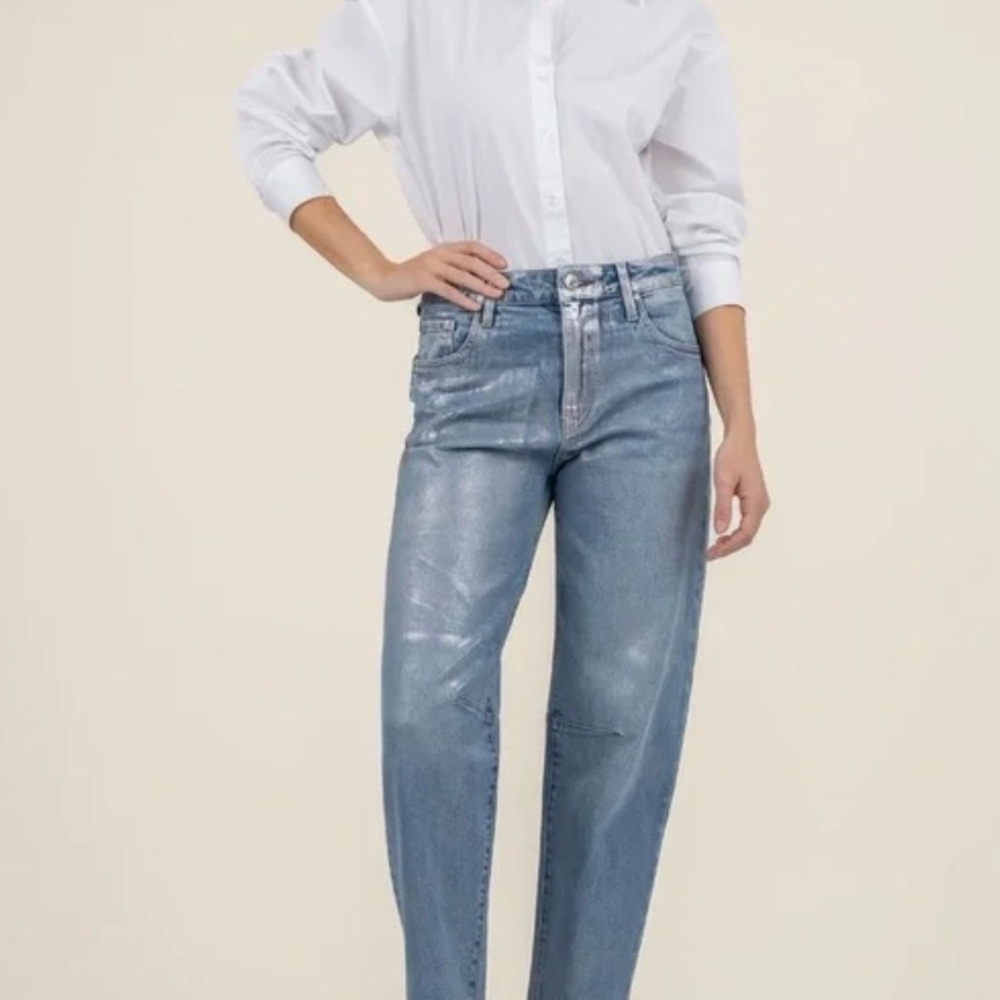 Kut from the Kloth Denim High Rise Ashley Barrel Silver Coated Jeans